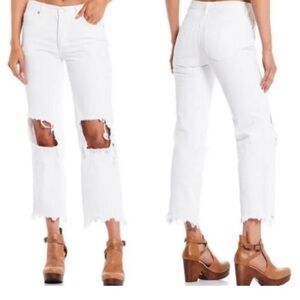 We The Free White Distressed Straight Leg Maggie Jeans Buttonfly Size 25